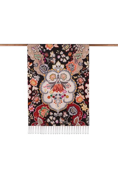 ipekevi Crown Leaf Patterned Silk Shawl 06712-Black
