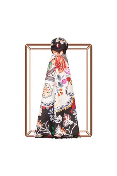 ipekevi Crown Leaf Patterned Silk Shawl 06712-Black