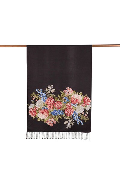 ipekevi Palace Garden Patterned Silk Shawl 02677-Black Classic
