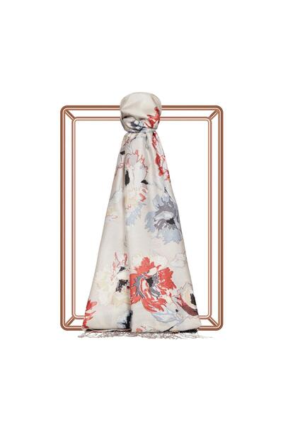 ipekevi Katmerli Şakayık Desenli İpek Şal 05804-Gümüş