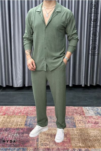 Nyda Collections Men's Crinkle Suit Buttoned Shirt and Lace-Up Trousers Summer Suit Double Pocket Crinkle Fabric