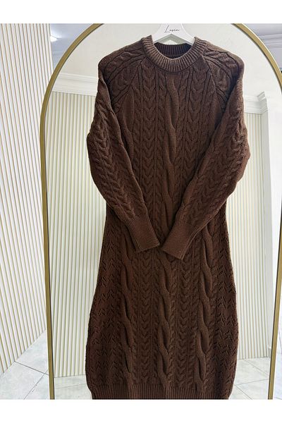 Lusin Rochie de damă din tricot cu mânecă lungă, cu decolteu rotund, brodat - maro