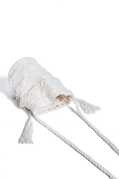 GATSBYLADY LONDON Channel Hand Embellished Fringe Bucket Bag in White