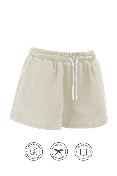 Elemge Women's Cotton Ecru Drawstring Waist Shorts Casual Basic Regular Fit Pocket Normal Waist Comfortable Cut 2 Thread