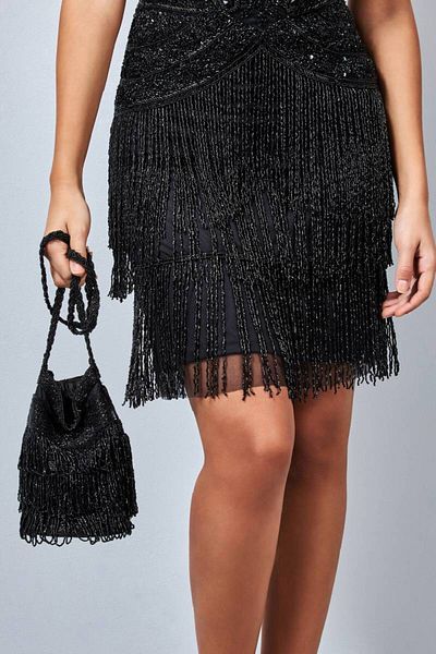 GATSBYLADY LONDON Tassel Hand Embellished Fringe Bucket Bag in Black