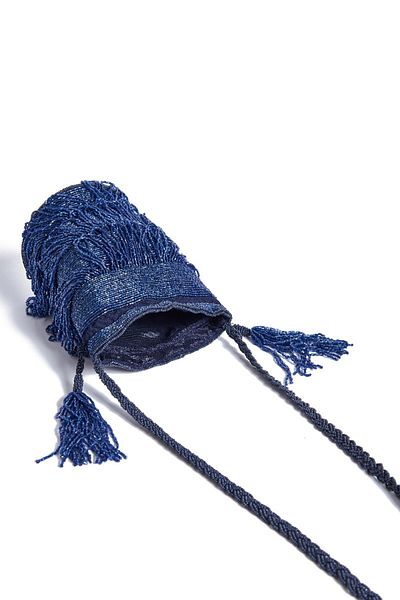GATSBYLADY LONDON Channel Hand Embellished Fringe Bucket Bag in Navy Blue
