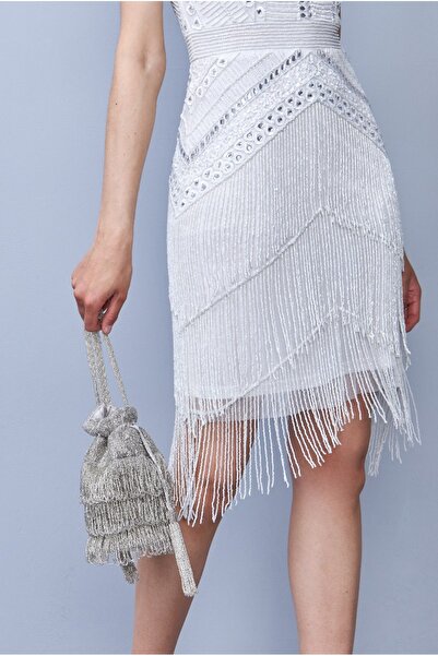 GATSBYLADY LONDON Channel Hand Embellished Fringe Bucket Bag in Silver