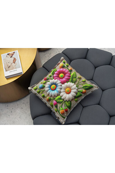 Ahsen Dekoratif Embroidery Patterned Flower Themed Digital Print Luxury Velvet 4-Piece Throw Pillow Cover Set...