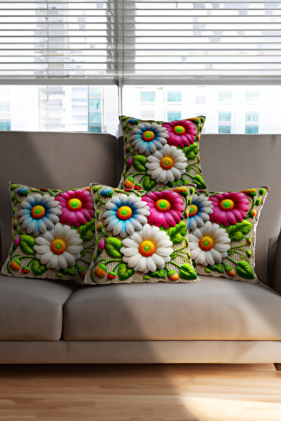 Ahsen Dekoratif Embroidery Patterned Flower Themed Digital Print Luxury Velvet 4-Piece Throw Pillow Cover Set...