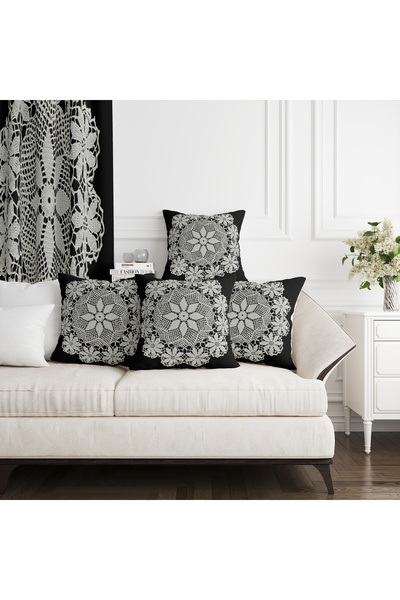 Ahsen Dekoratif Modern Lace Patterned Knitting Themed Digital Print Luxury Velvet 4-Piece Throw Pillow Cover Set...