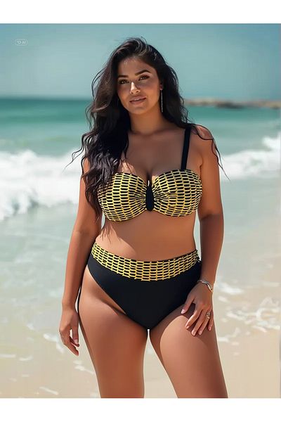 hazelin Plus Size Black Bikini with Yellow Chain Pattern - Lined Hzl25S-Lc3303
