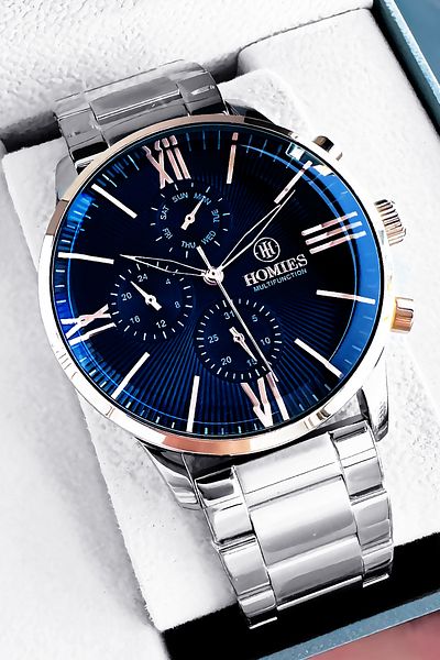 Homies Men's Wristwatch 3 Atm Waterproof Silver Color Steel Strap + Natural Stone Bracelet Elg570