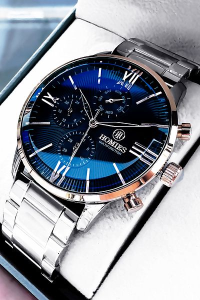 Homies Men's Wristwatch 3 Atm Waterproof Silver Color Steel Strap + Natural Stone Bracelet Elg570