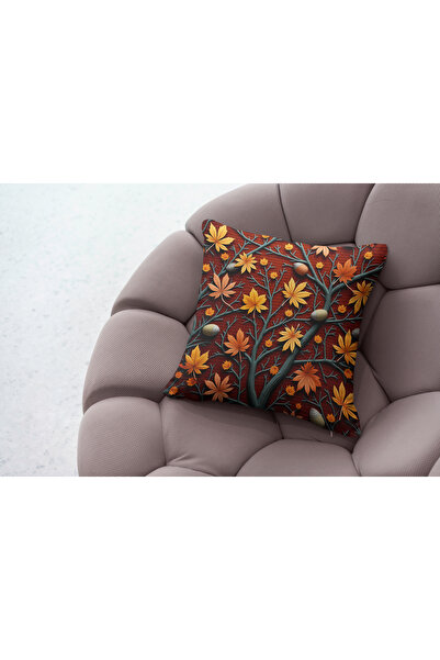Ahsen Dekoratif Modern Stylish Aesthetic Autumn Leaf Themed Digital Printed Luxury Velvet 4-Piece Throw Pillow Cover Set