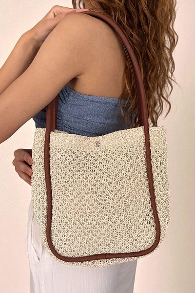 Classbag Γυναικεία Κρέμα Φυσική Πλεκτή Τσάντα Puppy με λουράκι