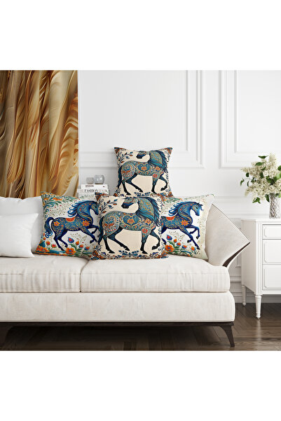 Ahsen Dekoratif Modern Patterned Horse Themed Digital Printing Luxury Velvet 4-Piece Throw Pillow Cover Set...