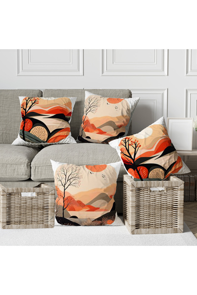 Ahsen Dekoratif Bohemian Patterned Line Themed Digital Printed Luxury Velvet 4-Piece Throw Pillow Cover Set