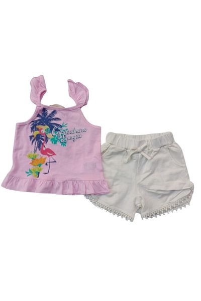 Çikoby Girl's Double Summer Set – Pink T-Shirt with Straps & Ecru Shorts – 100% Cotton