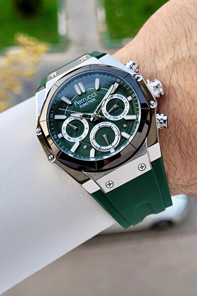 Ferrucci 41 Mm Kasası Gümüş Kordonu Yeşil Renk İç Göstergeleri Aktif Erkek Kol Saati