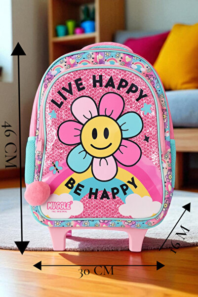 MUGGLE 2 Bölmeli Live Happy Çekçekli Okul Sırt Çantası Pembe (MU-9172)