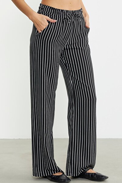 Sementa Striped Loose Cut Viscose Trousers - Black