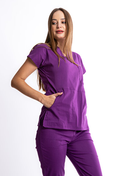 VİZYON UNIFORM Premium Likralı Mor Hemşire Forması Cerrahi Takım Scrubs Takım...