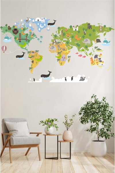 KT Decor ملصق حائط تعليمي لغرفة الأطفال والرضع على شكل خريطة العالم للحيوانات