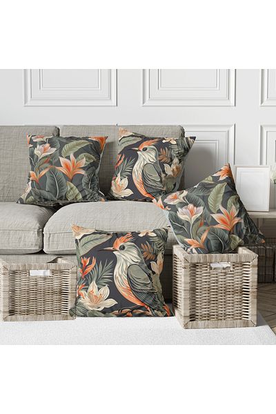 Ahsen Dekoratif Hibiscus Themed Leaf Pattern Gray Color Digital Printed Luxury Velvet 4-Piece Throw Pillow Cover Set