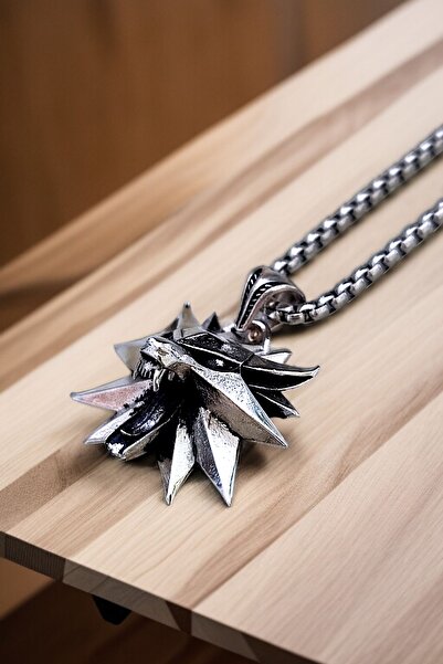 AK STORE SİLVER Gümüş Kaplama K-114 Krom-Çelik Erkek Kolye Madalyon Witcher Wolf Fantastik Kurt Kafası