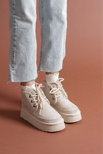 Esilapark Ultra Mini Thick Sole Mini Lace-Up Fur Leather Waterproof Boots