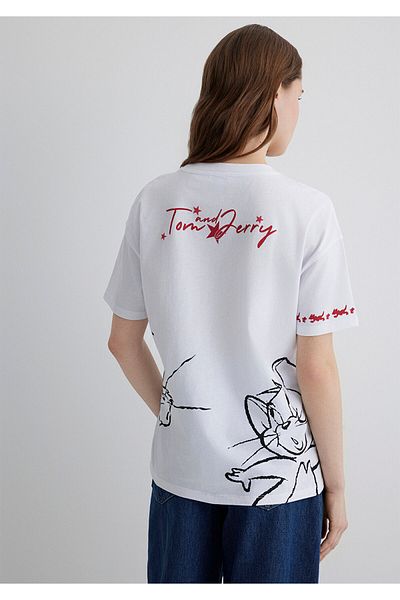 Mavi Λευκό μπλουζάκι με στάμπα Tom and Jerry Loose Fit / Loose Relaxed Fit 1613359 -620