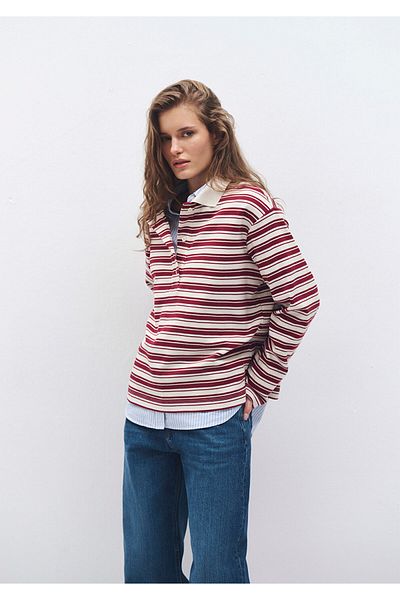 Mavi Striped Burgundy Polo T-Shirt Loose Fit / Loose Relaxed Cut 1612900 -70430