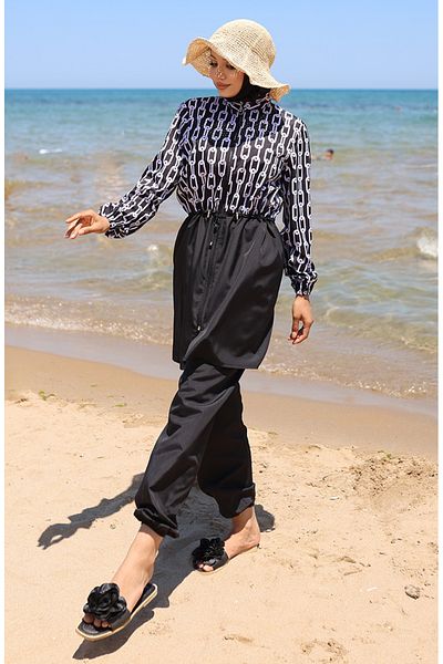 sefamerve Ελαστική μέση με αλυσίδα με μοτίβο Hijab μαγιό με φερμουάρ και δώρο καπό 9005a-01 Μαύρο Λευκό