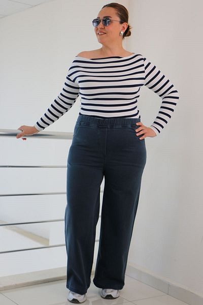 Eslina 9182 Plus Size - Elastic Waist and Wide Leg Jeans - Petrol