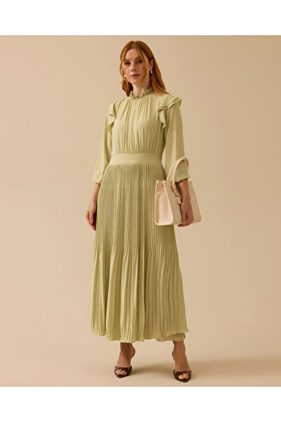 SCL Fırfır Detaylı Pliseli Uzun Elbise