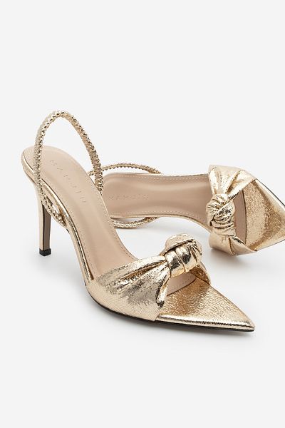 Marjin Women's Gold Heeled Sandals - Pointed Toe Knotted Back Elastic