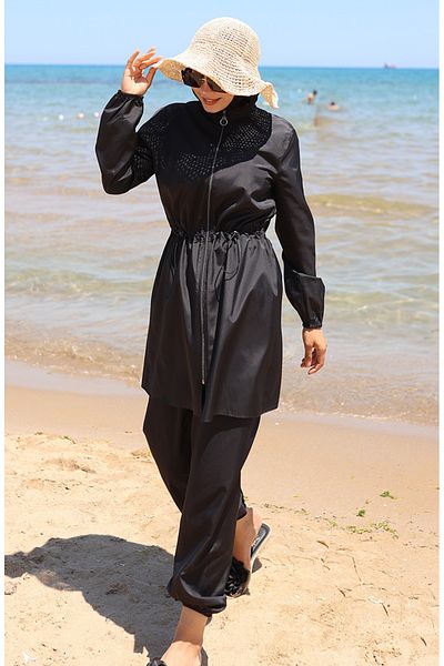 sefamerve Marine Elastic Waist Zippered Hijab Swimsuit with Bonnet Gift 9004-03 Black