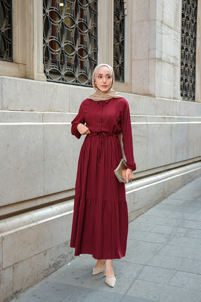 LOCCO Women's Waist Drawstring Dress Burgundy