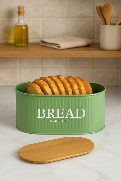 hemlife Metal Bread Bowl with Wooden Lid, Bread Box Green