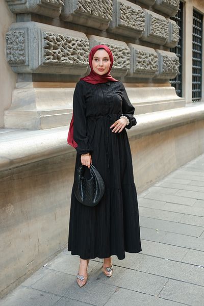 LOCCO Rochie Hijab De Damă Cu Talie Adunată Neagră
