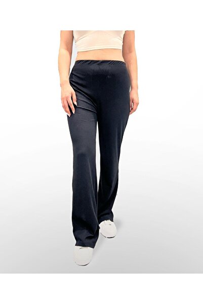 Top Step Siyah İspanyol Paça Fitilli Örme Kadın Eşfoman Altı