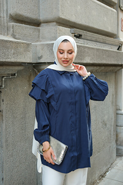 LOCCO Navy Blue Shirt - Hidden Button and Ruffle Detail