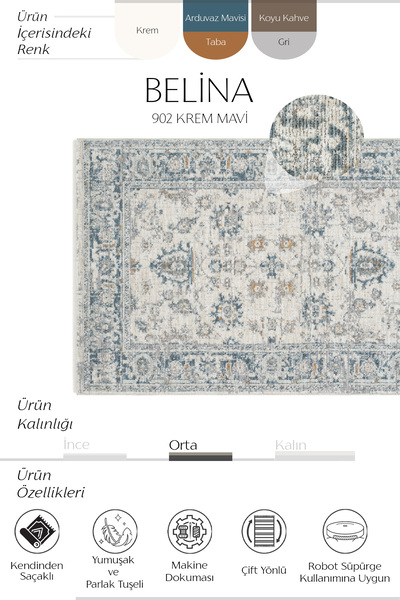 Cool Halı Belina Blue Cream Ethnic Vintage Carpet – Soft Loop Woven Summer Rug for Living Room & Home