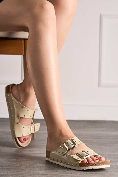 Nstil Daily Women's Beige Slippers Double Buckle Metal Detailed Soft Orthopedic Cork Sole Shoes 118