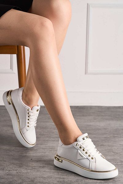İmerShoes Daily Women's White Sports Shoes Ppada Model Gold Detailed Lace-Up Thick Orthopedic Sole Sneaker 327