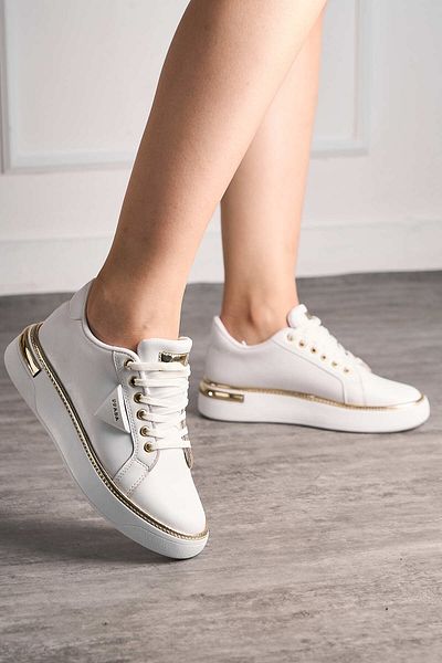 İmerShoes Daily Women's White Sports Shoes Ppada Model Gold Detailed Lace-Up Thick Orthopedic Sole Sneaker 327