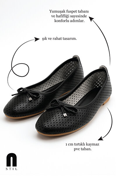 Nstil Daily Women's Perforated Black Ballerina Bow Metal Detailed Soft Stitching Sole Lightweight Comfortable Shoes 114