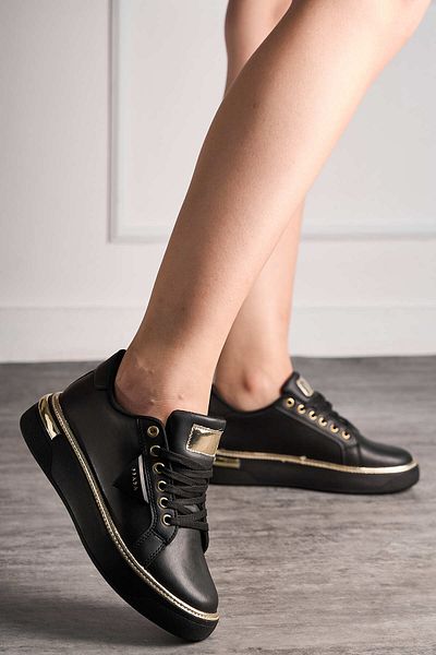 Nstil Daily Women's Black Sports Shoes Ppada Model Gold Detailed Lace-Up Thick Orthopedic Sole Sneaker 327