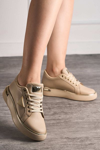 İmerShoes Daily Women's Beige Sports Shoes Ppada Model Gold Detailed Lace-Up Thick Orthopedic Sole Sneaker 327