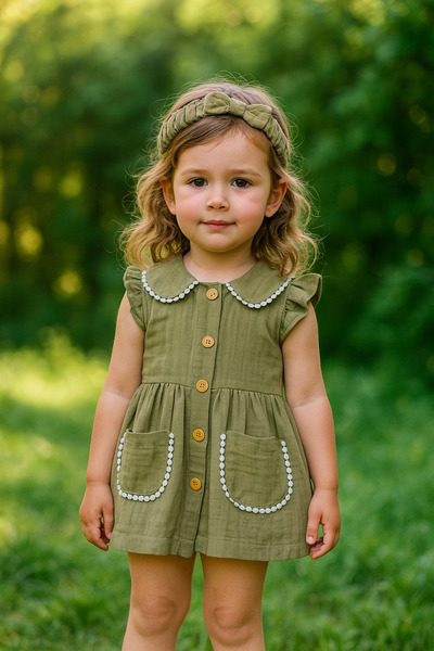 OPPOMİO Bebek Kız Pamuklu Müslin Fistolu Elbise ve Saç Bandı Takımı